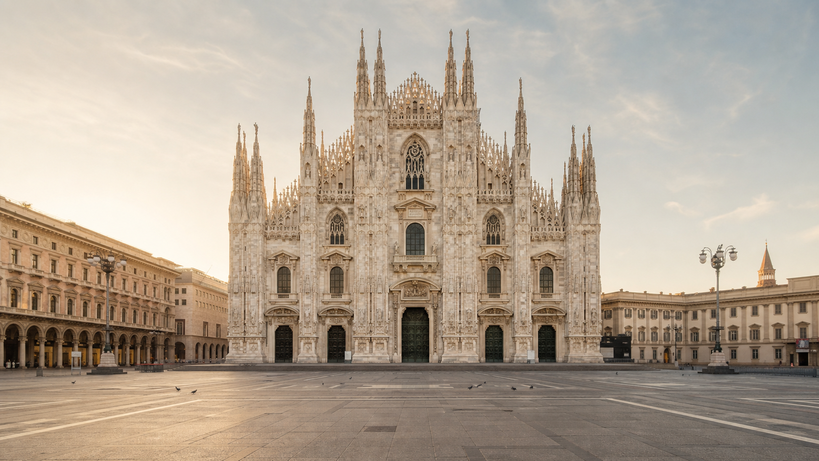 The complete facade of the Duomo di Milano and its plaza at golden hour